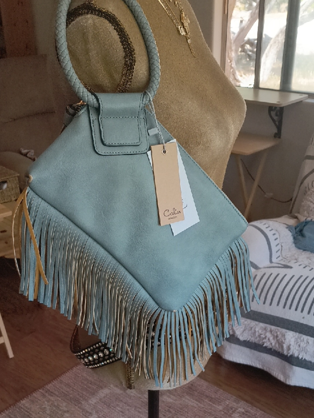 Calin Mint Fringe Wristlet — Soft Aqua Suede Clutch